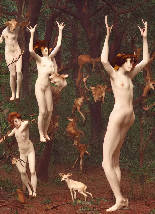 Prompt: photo of a pagan nymps dancing with fawns having a profound lifechanging psychedelic experience in a deep thorns bones bloody forest , by william-adolphe bouguereau and Austin Osman Spare and Takato Yamamoto, high resolution, rendered in octane 3d