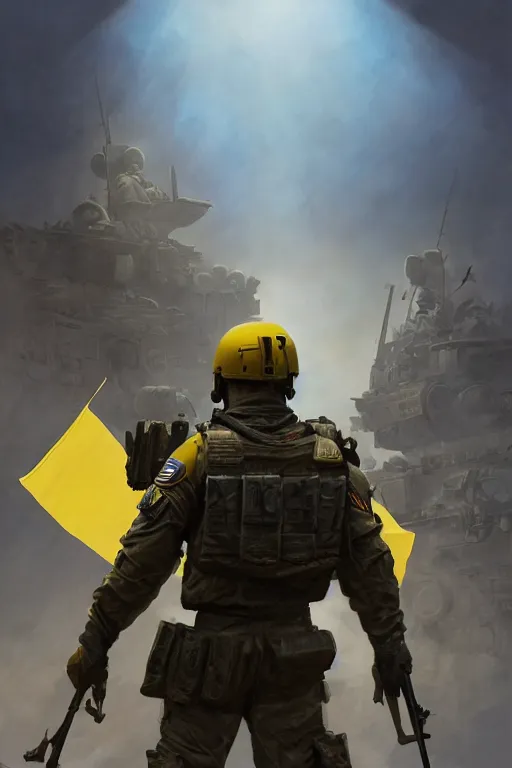 Prompt: a cinematic shot of a special forces unit with ukrainian blue yellow flag and standing ready to fight, masculine figure, d & d, fantasy, bright atmosphere, volumetric lights, intricate, elegant, extremely detailed, digital painting, artstation, concept art, matte, smooth, sharp focus, hyper realistic, illustration, art by artgerm and greg rutkowski and alphonse mucha