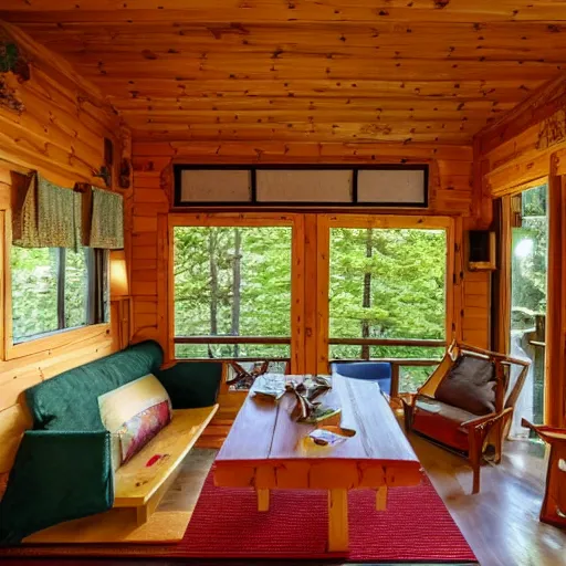 Prompt: photo of the interior of a cozy cabin with french and english and japanese influence and forest theme