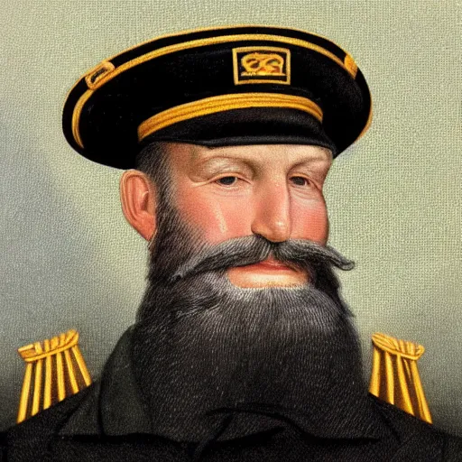 Prompt: an experienced sea captain. receding hairline and nicely trimmed grey beard tonalism