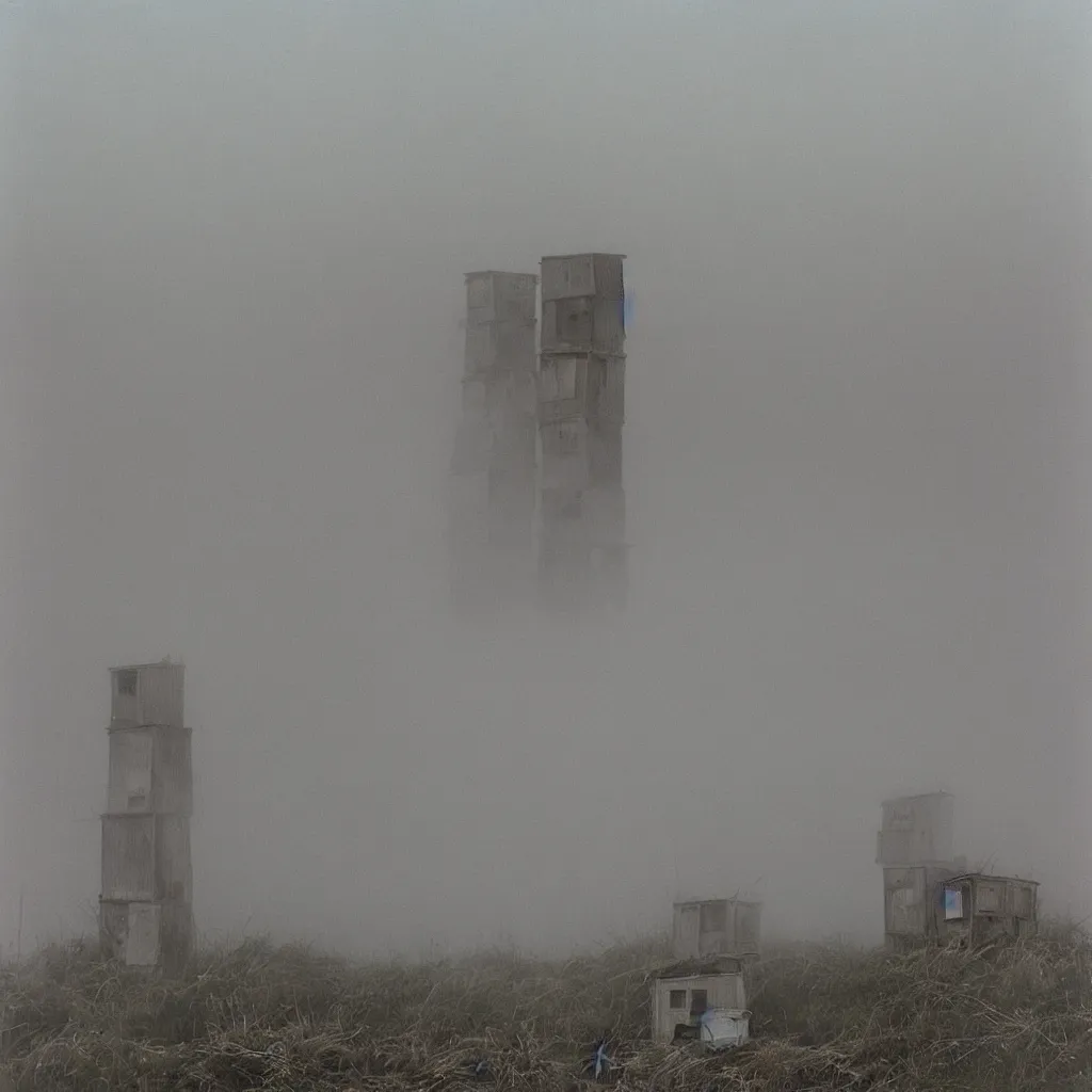 Image similar to two towers, made up of makeshift squatter shacks with pastel colours, uneven dense fog, dystopia, mamiya rb 6 7, fully frontal view, very detailed, photographed by jeanette hagglund