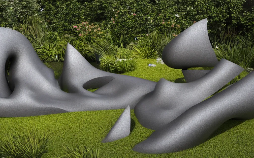 Prompt: abstract textured hollow forms as a metallic sculpture in a garden , smooth shiny texture, sculpted by Henry Moore Barbara Hepworth , Matte painting V Ray, warm volumetric lighting , 3D 8K HD trending on art station