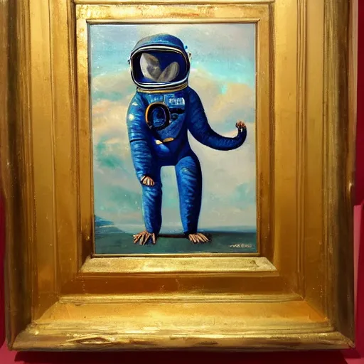 Image similar to an oil painting of a monkey wearing a spacesuit