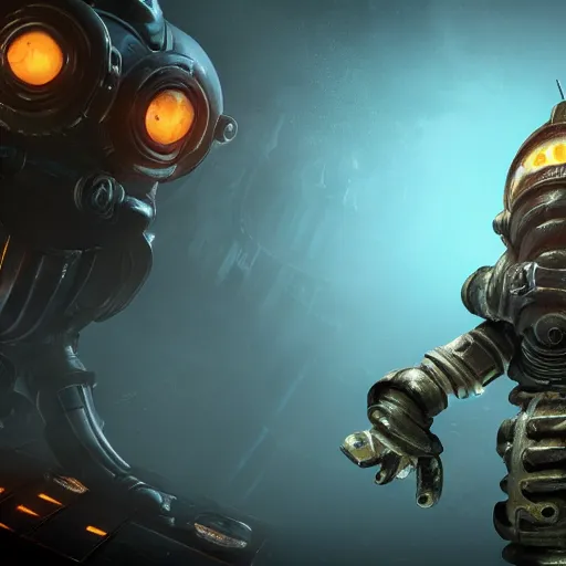Image similar to isaac clarke as a bioshock big daddy, unreal engine 5, bioshock and deadspace crossover event, high detail 3 d render,