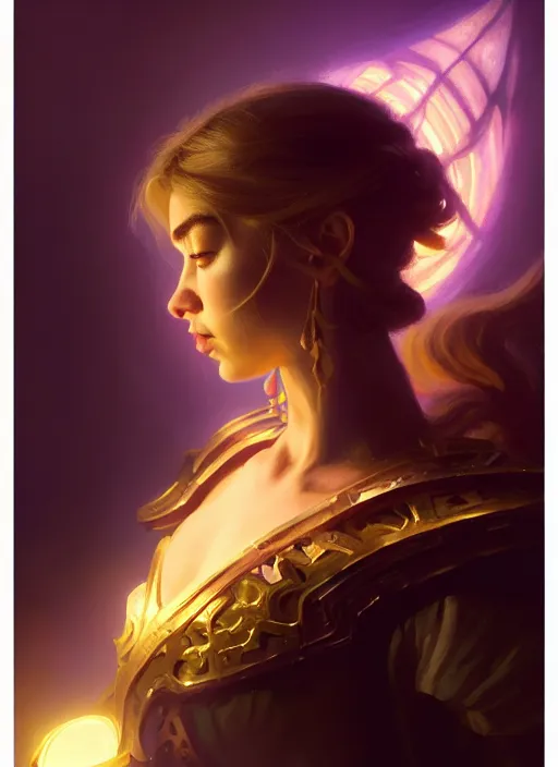 Prompt: side portrait, imogen poots, paladin, fantasy, gloomhaven, luminescent, organic painting, gaudy colors, octane render, unreal engine, by greg manchess, huang guangjian, gil elvgren, sachin teng, greg rutkowski, jesper ejsing, ilya kuvshinov