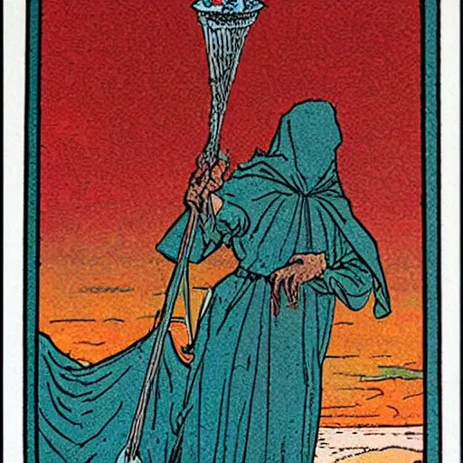 Prompt: the tarot card of the magician painted by moebius.