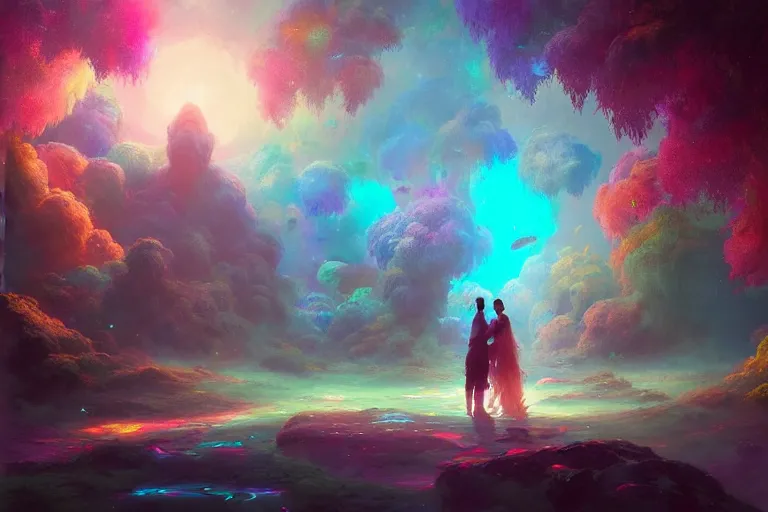 Prompt: a psychedelic realm made entirely out of love and acceptance, astral beings sharing love!!!!, in the style of greg rutkowski! and wlop and lisa frank! and bob ross!!! and ruan jia, illustration, epic, fantasy, hyper detailed, smooth, unreal engine, sharp focus, ray tracing