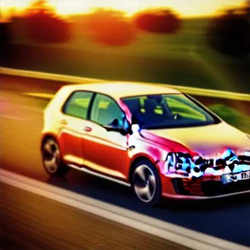 Image similar to a car driving VW Golf GTI at speed on autobahn, sunset, cinematic color, photorealistic, highly detailed, bokeh