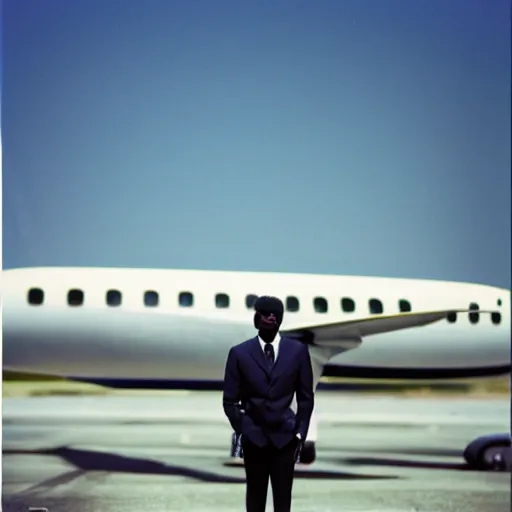 Prompt: photo of black man standing in front of private jet, depth of field cinestill, 800t, 35mm, full-HD