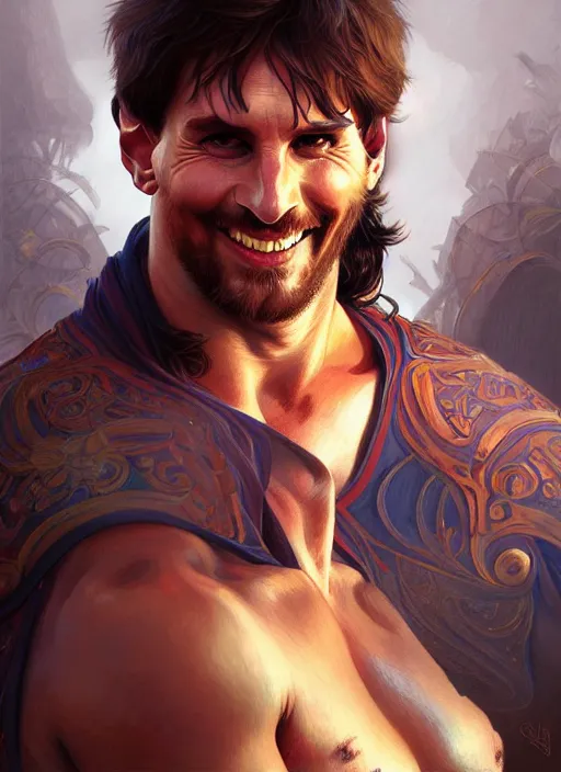 Image similar to portrait of aggressive smiling messi, d & d, muscular! fantasy, intricate, elegant, highly detailed, digital painting, artstation, concept art, smooth, sharp focus, illustration, art by artgerm and greg rutkowski and alphonse mucha