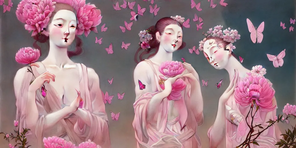 Prompt: reathtaking detailed concept art painting blend of two goddess of pink peony by hsiao ron cheng, vintage illustration pattern with bizarre compositions blend of flowers and birds and butterflies, by beto val and john james audubon, exquisite detail, extremely moody lighting, 8 k