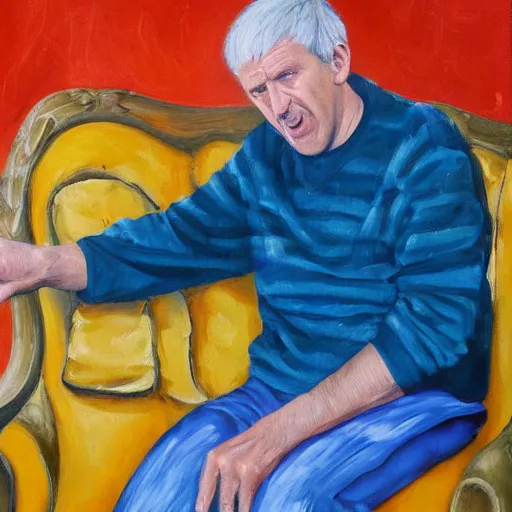 Image similar to adam sandler as a very old man sitting in a rocking chair, oil painting