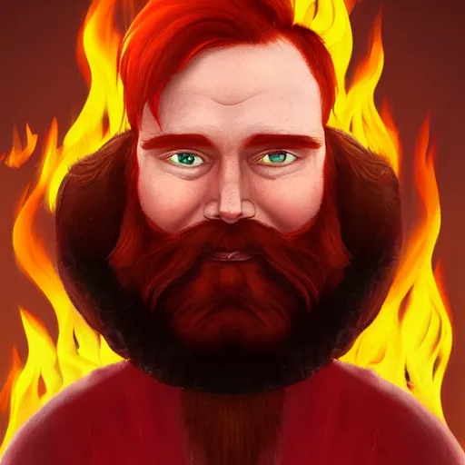 Image similar to red haired man with red beard, looking grumpy, wearing black coat, fire behind him, funny, fantasy artwork, fantastic artwork, 4 k, trending on artstation