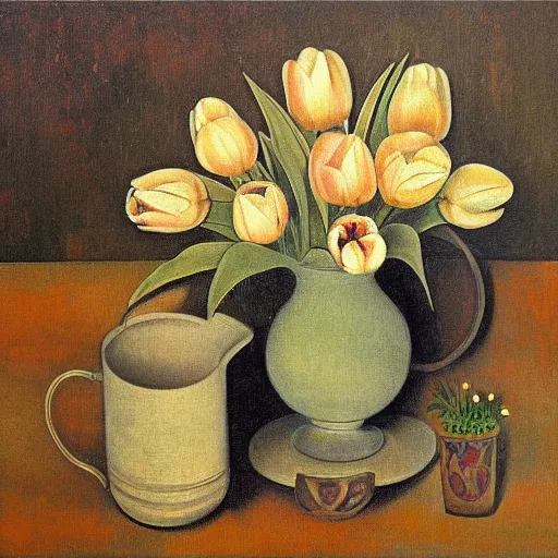 Image similar to Potted Tulip still life, matte painting, in the style of Wood Tankard and Metal Pitcher by Paul Gaugin