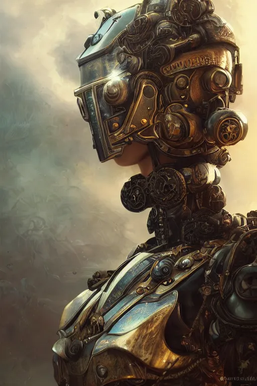 Prompt: ultra realist and ultra intricate detailed soft painting of a beautiful mechwarrior kawai in steampunk armor, thin lustrous hair, symmetry features, sensual gloomy style, soft painting, volumetric clouds, fantasy background, artstation, Tom Bagshaw artstyle, unreal render, depth of field