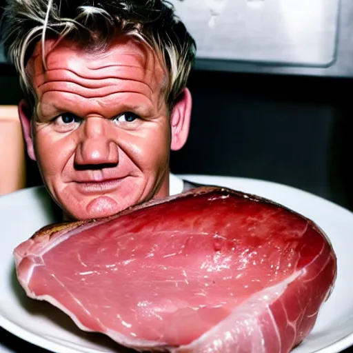 Image similar to gordon ramsay as a cooked leg of ham on a plate