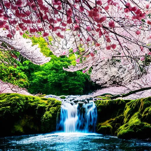 Prompt: a majestic cinematic realistic photoshoot of a beautiful forest with waterfalls, beautiful blue sky's, and birds, with a giant cherry blossom tree in the center, 4 k, coherent, incredibly detailed