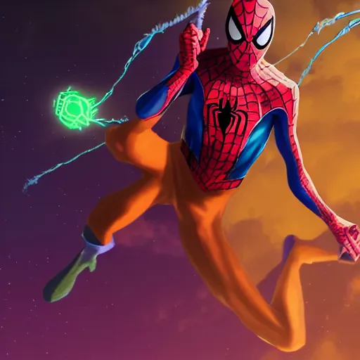 Image similar to spiderman with pink suit and yellow glowing eyes, and alien ears, anime cinema photorealistic beautiful cinematic world of chrono trigger in the style of studio ghibli. hyperdetailed photorealism, 1 0 8 megapixels, amazing depth, glowing rich colors, powerful imagery, psychedelic overtones, 3 d finalrender, 3 d shading, cinematic lighting, artstation concept art