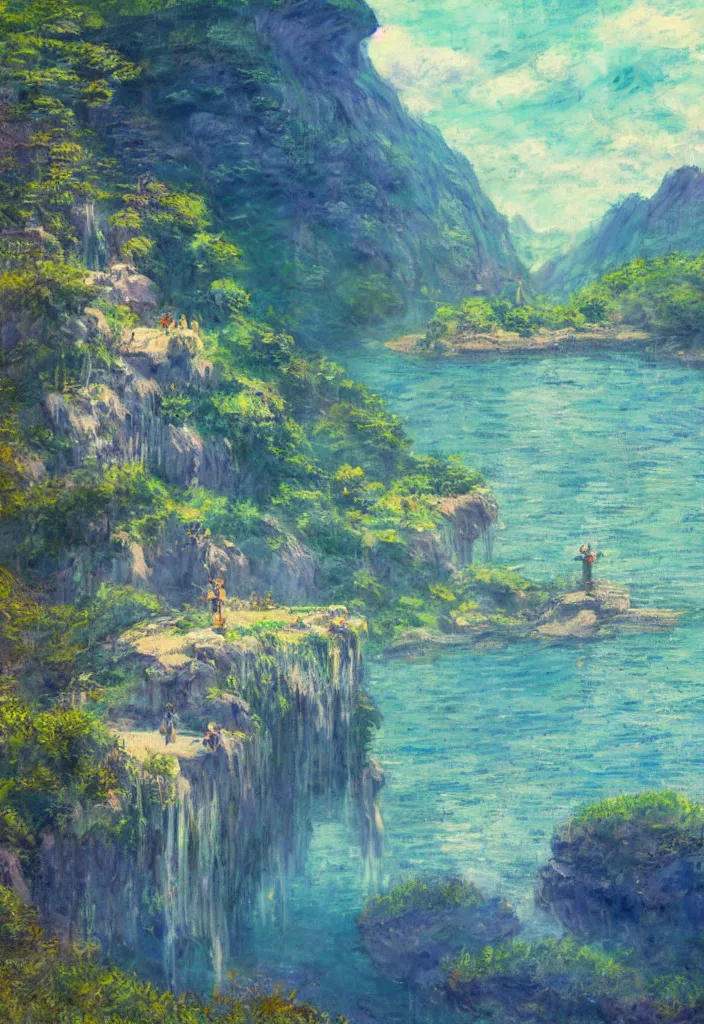 Image similar to tiny king in front of a japanese city in the mountain surrounded by waterfall. cyberpunk, boats flying. beautiful blue sky. gorgeous epic nature, lofi, vivid colors, amazing light, by jeremy lipkin, by claude monet, heavily inspired by makoto shinkai, inspired by ghibli, masterpiece, multiple brush strokes, impressionist style