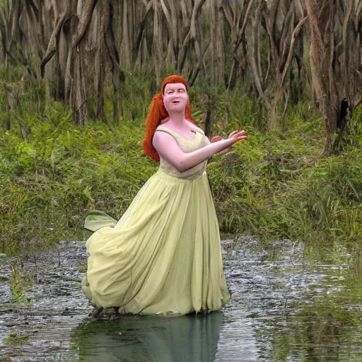 Prompt: Fiona from Shrek, dancing in a dress in a swamp