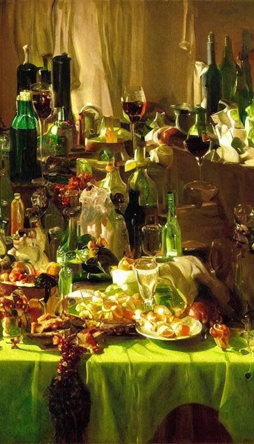 Prompt: still life painting of midsummer party and mysterious green light, by Peder Krøyer, golden hour, dramatic lighting, volumetric lighting, epic, gargantuan, intricate detail, canvas print, wine