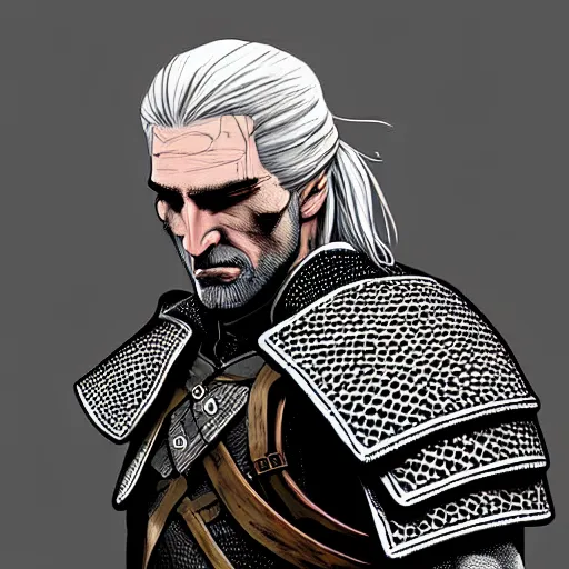 Prompt: geralt of rivia wearing legionnaire armor, digital art, high quality