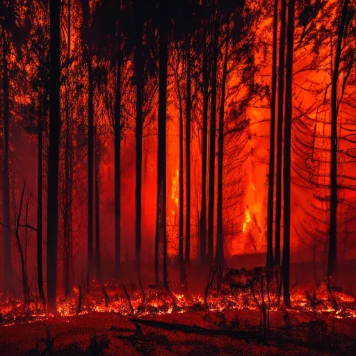 Prompt: a photo in the middle of a forest fire, red and black sky, smoke on the floor, black grass, hd photo