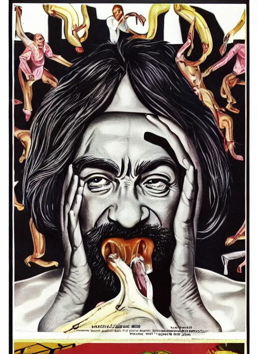 Image similar to vintage magazine advertisement depicting charles manson slipping on a banana peel, by alex grey