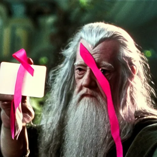 Image similar to portrait of gandalf, wearing a pink ribbon tied into his hair, holding a blank playing card up to the camera, movie still from the lord of the rings