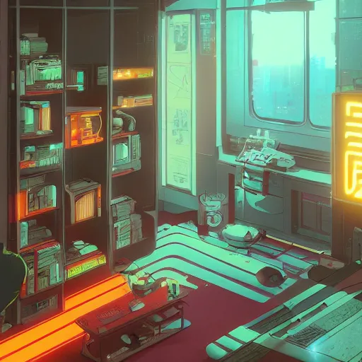 Prompt: the cyberpunk apartment, render, octane, 4k, highly detailed, vivid colors, high definition, by James Gilleard and Makoto Shinkai and Victo Ngai