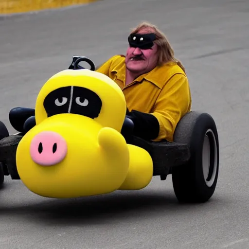 Image similar to Gérard Depardieu as Wario, yellow overall, yellow cap, the letter W, in a kart