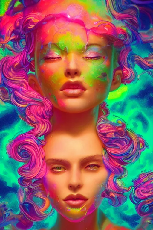 Image similar to a beautiful woman engulfed in colorful liquid clouds and neon smoke, extremely psychedelic experience, psilocybin, dmt, lsd, perfect face, highly detailed, artstation, concept art,, sharp focus, digital art by hana yata, and artem demura and beeple, lisa frank, cyberpunk, octane render, unreal engine, 8 k