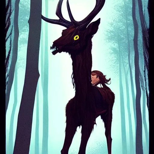 Image similar to rafeal albuquerque comic art, joshua middleton, artgerm : : wendigo monster with deer skull face, antlers, furry body, tall and lanky : : walking through the forest : : night time : : spooky, scary, fog