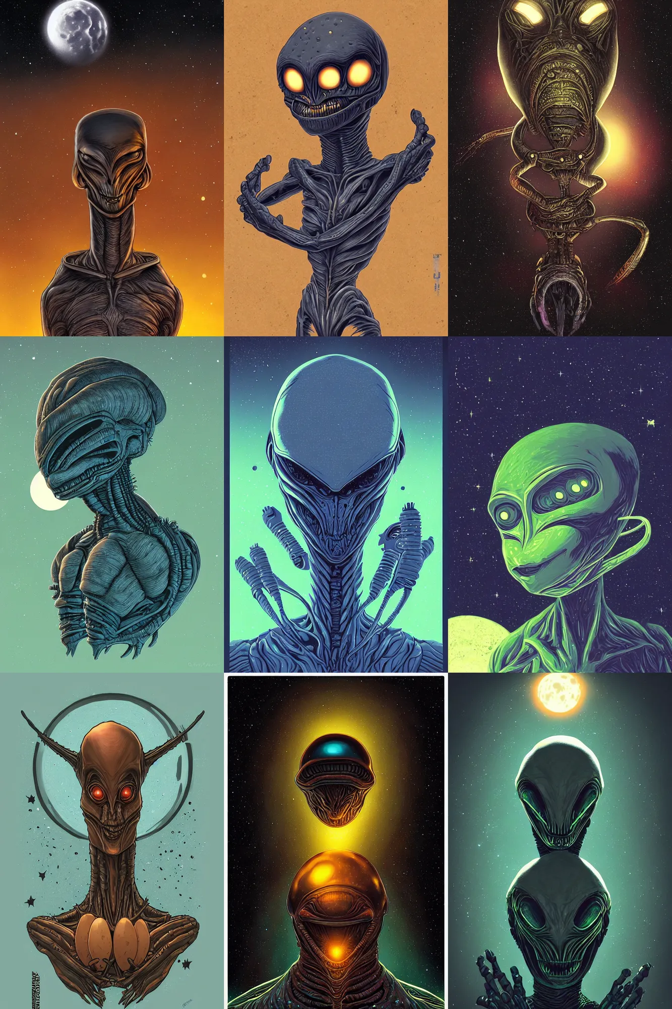 Prompt: alien made from potato, moon, stars, unreal engine, by Dan Mumford, trending on artstation