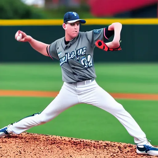 Prompt: action portrait photo of kyle funkhouser pitching, in uniform, realistic, very realistic face, exact face