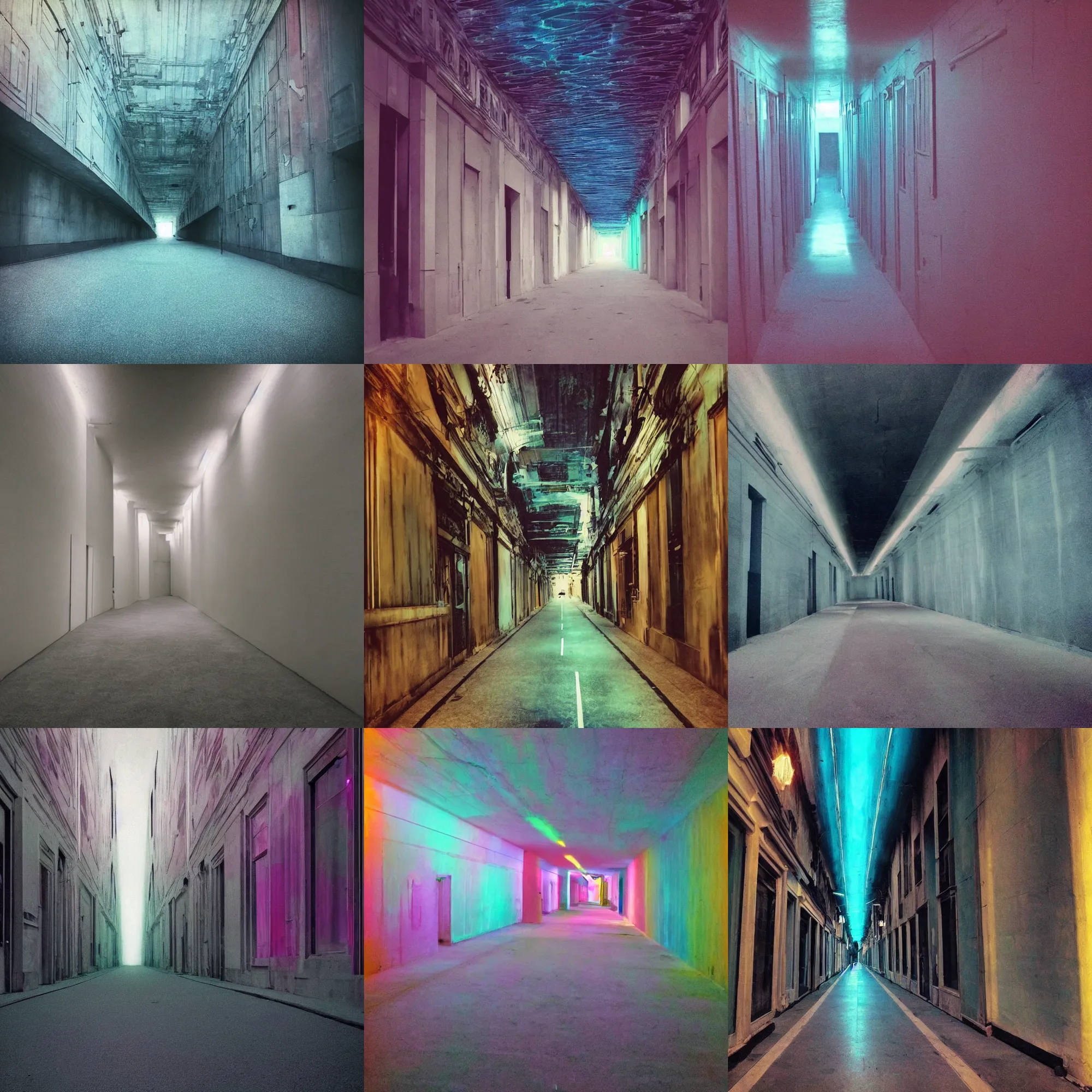 Prompt: a bad quality photograph of a dreamcore looking empty streets, liminal space, infinite corridor, unusual color palette, soft ilumination