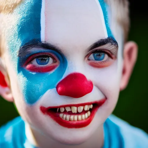 Prompt: A portrait of a boy who has face-painting like a clown smiling creepily. Depth of field. Lens flare