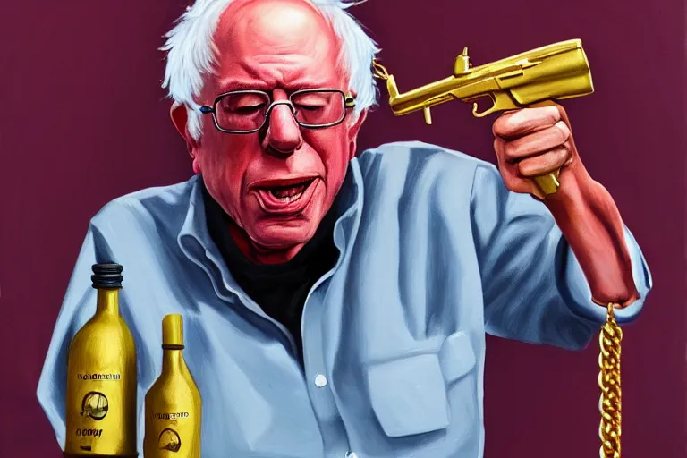 Image similar to Bernie Sanders as rap artist in the hood with gold chains and gold teeth, drinking cough syrup, carrying an Uzi, oil on canvas, artstation, portrait, masterpiece, aesthetic