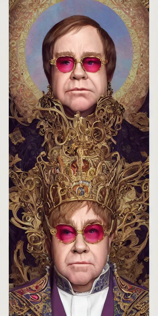 Image similar to Elton John as the pope, headshot, painted renaissance character portrait, highly detailed, painting, artstation, sharp focus, art by artgerm and greg rutkowski and alphonse mucha and magali villeneuve