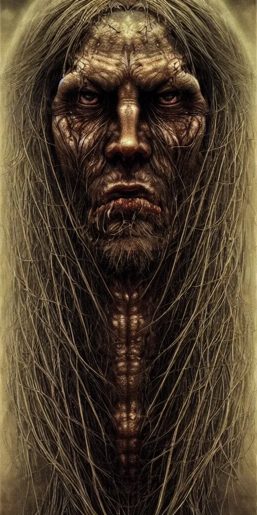 Image similar to very very beautiful portrait photo of chthonic Viking keyframe face, Perfect face, colossal scale, extremely high details, realistic, by Ayami Kojima, Beksinski, Giger