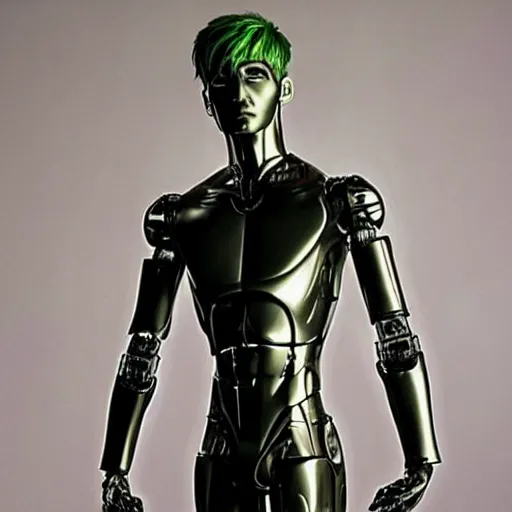 Image similar to “a realistic detailed photo of a guy who is an attractive humanoid who is half robot and half humanoid, who is a male android, twitch streamer Ninja Tyler Blevins, shiny skin, posing like a statue, blank stare, living room, display”