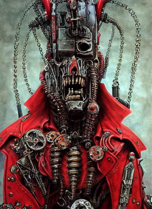 Image similar to portrait of rotten Nicolas Cage as adeptus mechanicus in red hood and robe from Warhammer 40000, mechanical tentacles. Highly detailed, artstation, illustration by and John Blanche and zdislav beksinski and wayne barlowe