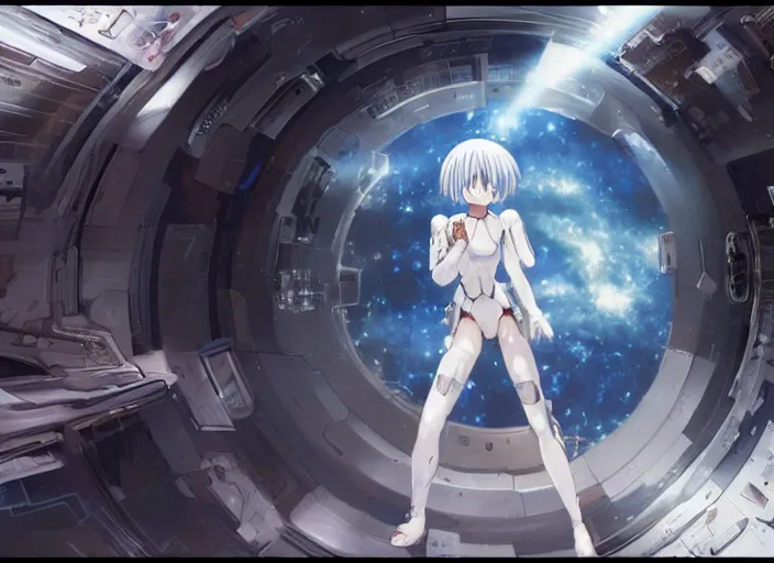 Image similar to This is a digital art piece by Yoshiyuki Sadamoto that is trending on artstation. It is a 8K UHD image of Rei Ayanami, a female anime character, inside a space station with technological rings. She is shot from the ground by Yoshiyuki Sadamoto. The environment is a concept design and the art is hyper realistic with intricate details.