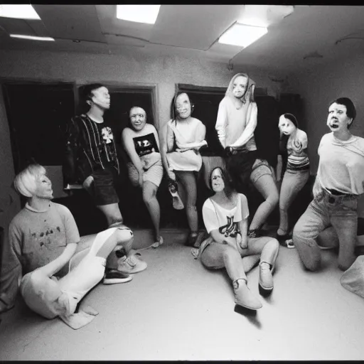 Image similar to A Group of Friends having a moment of nostalgia in their cramped basement, 90s Film Photo, Flash Photography, 40mm lens, Award Winning, 8k Film Scan