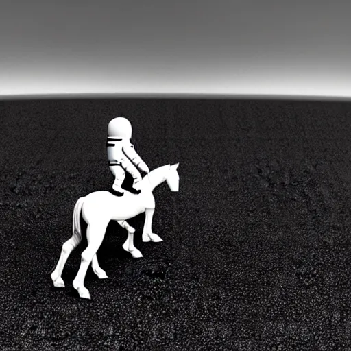 Image similar to an astronaut standing on the ground and a small trippy aggressive centaur standing on that poor human being standing on all fours astronaut raising his arms up, really trying to ride it, the horse is on his shoulders and grabbing them, minimalist style, 3 d render, isometry