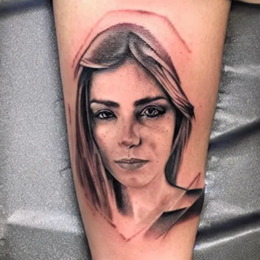 Prompt: realistic tattoo sketch of kate kuray face double exposure effect with a mountain scenery, in the style of matteo pasqualin, amazing detail, sharp