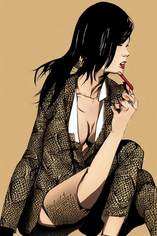 Image similar to yakuza slim girl, gold suit jacket in snake print, jacket over bare torso, yakuza tattoo on body, black short curtain haircut, black leather pants with black belt, elegant, 2d, ultra highly detailed, digital painting, smooth, sharp focus, artstation, art by Ilya Kuvshinov