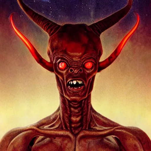 Prompt: realistic alien with horns. red eyes, human eyes, background flames, by wayne barlowe