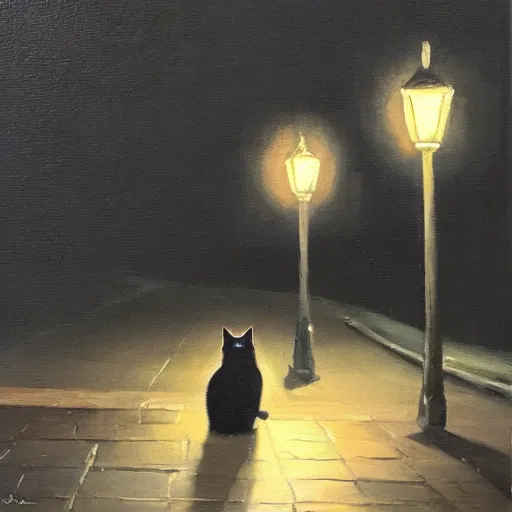 Prompt: oil painting of a black cat sitting on the side of the street at night, illuminated by a street light