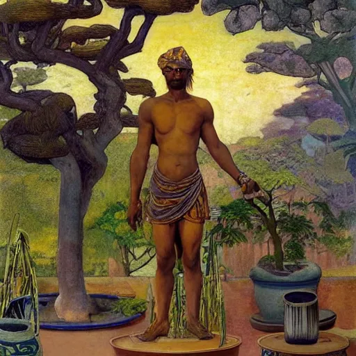 Image similar to Muscular African gardener cutting bonsai trees, grey Hair, idyllic Garden, by Annie Swynnerton and Nicholas Roerich and jean delville, glowing paper lanterns, strong dramatic cinematic lighting , ornate tiled architecture, lost civilizations, smooth, sharp focus, extremely detailed